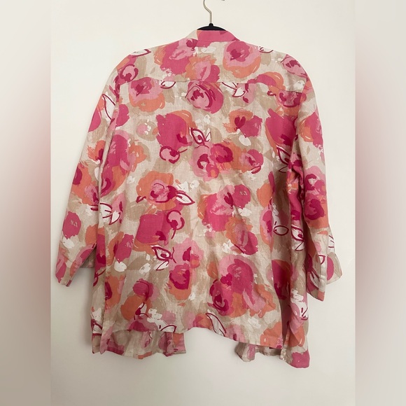 JM Collection 100% Linen Shirt Top Pink Tan Floral Embroidered Button Front - Picture 2 of 5